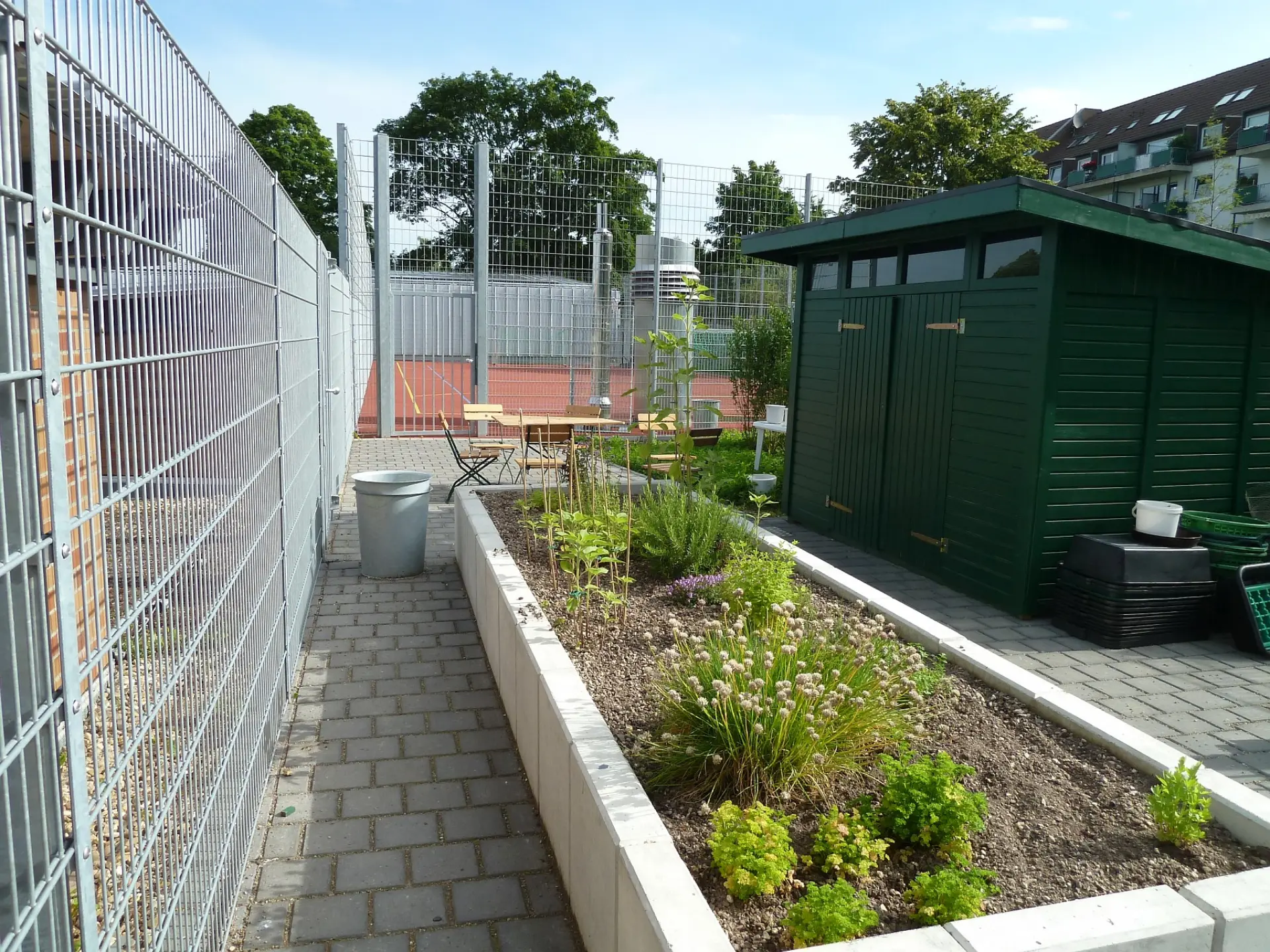 Angelegte Hochbeete mit Kräutern und Nutzpflanzen auf dem Schulgelände, daneben ein grünes Gartenhaus und eine Sitzecke