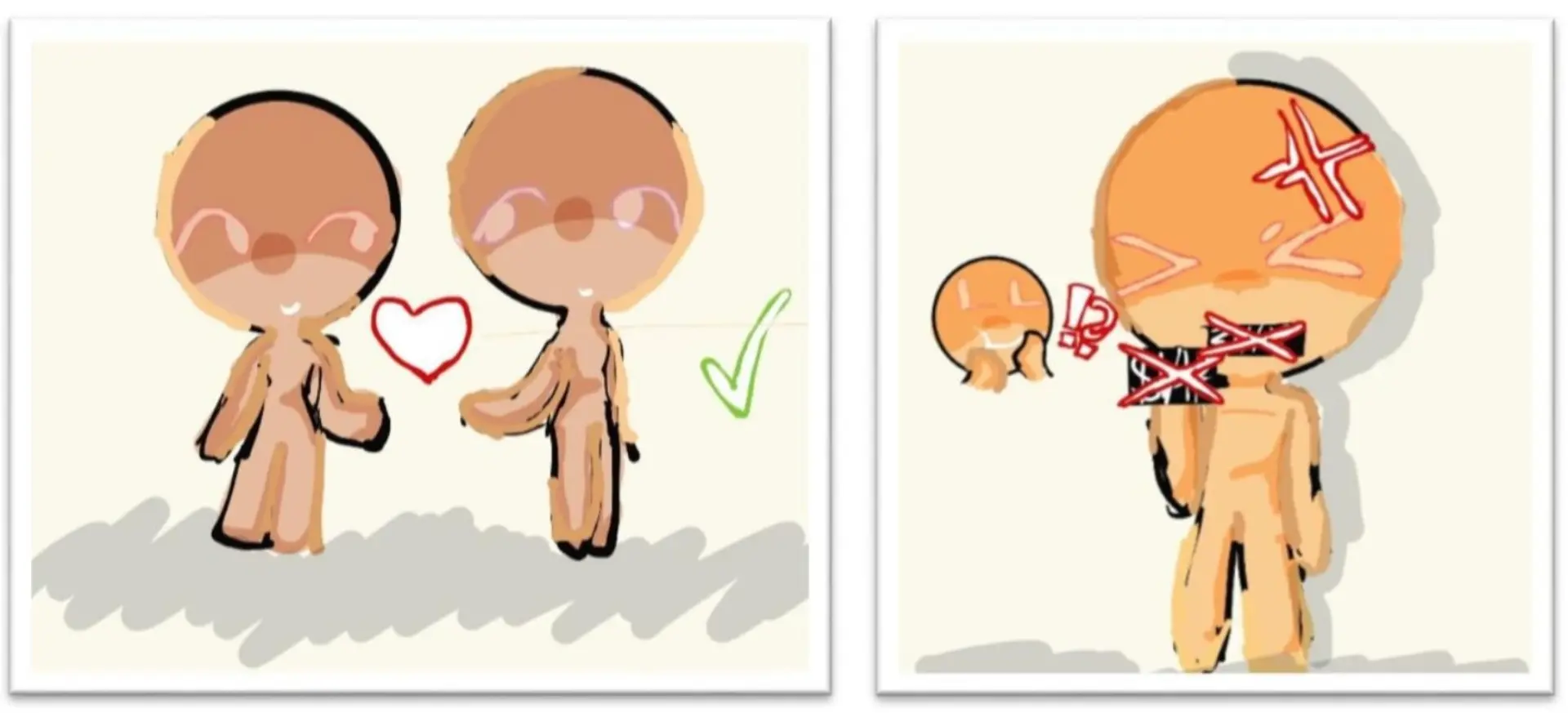 Zwei Illustrationen mit Strichmännchen-ähnlichen Figuren: Das Bild links zwei Figuren, die nebeneinander stehen und ein Herz als Zeichen der Freundschaft dazwischen schwebt. Das Bild rechts zeigt eine Figur, die böse Sachen sagt, und die zweite versteht nicht, warum sie so etwas sagt.
