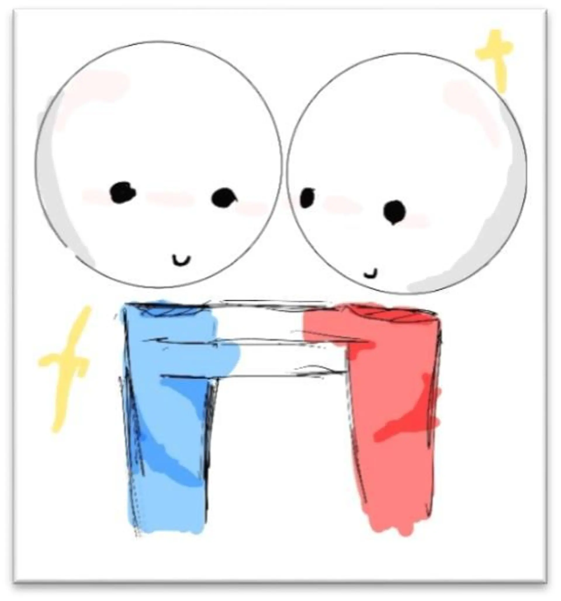 Minimalistische Illustration von zwei Strichmännchen-ähnlichen Figuren, die sich umarmen und anlächeln.