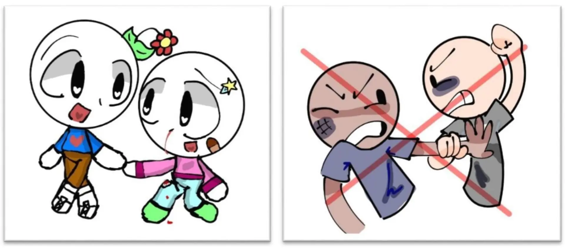 Zwei Illustrationen mit Strichmännchen-ähnlichen Figuren: Das Bild links zeigt, wie die eine Figur eine andere verletzte an die Hand nimmt und ihr hilft. Das Bild rechts zeigt zwei sich prügelnde Figuren. Die Szene ist durchgestrichen als Zeichen für keine Gewalt. 