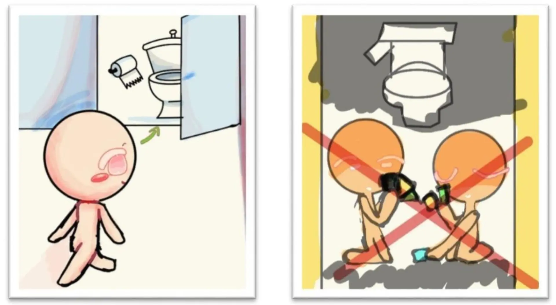 Zwei Illustrationen mit Strichmännchen-ähnlichen Figuren: Das Bild links zeigt eine Figur, die zufrieden in die saubere Toilettenräume der Schule reingeht. Das Bild rechts zeigt zwei Figuren, die in der Toilettenkabine Karten spielen. Die Szene ist durchgestrichen als Zeichen für Dies ist verboten..